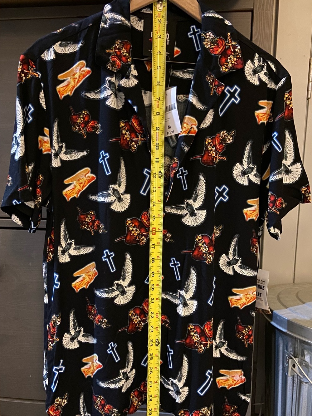 Romeo+Juliet Black Shirt with Doves, Sacred Hearts, Angels, and Crosses-size M